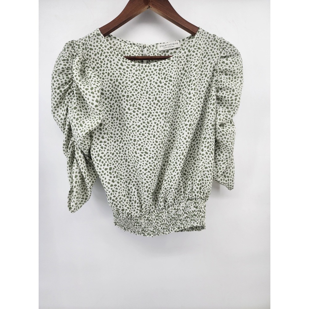 Paper Crane Women Small Sage Green Spotted Puff Sleeve Smocked Waist‎ Crop Top